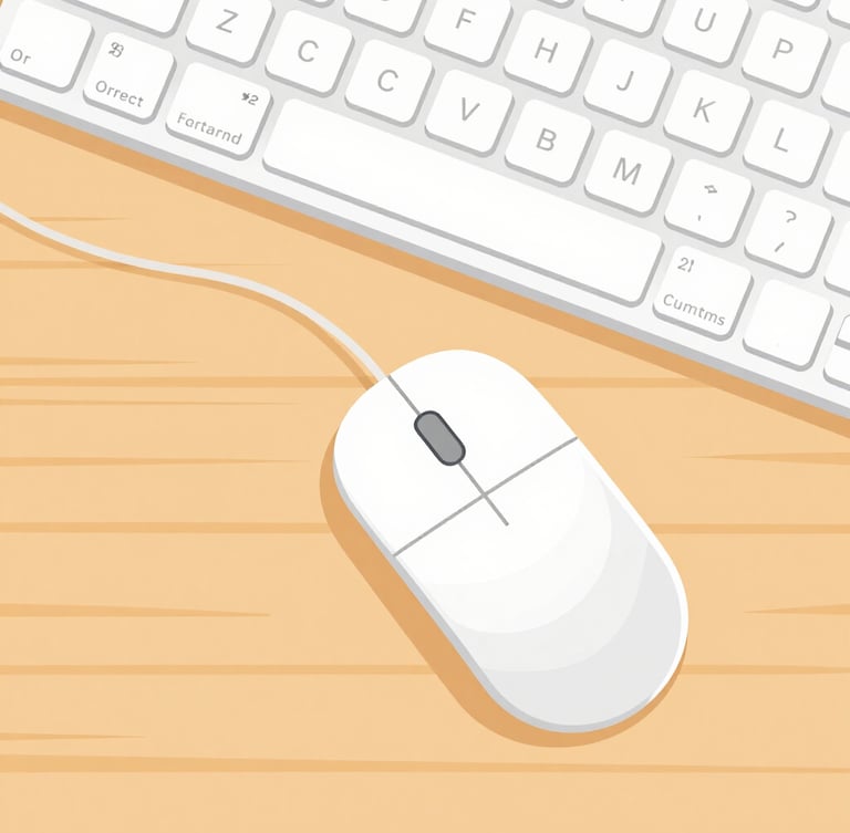 Overhead flat lay of a friendly, clean workspace. A simple computer mouse and keyboard sit on a warm wooden table, illuminated by soft natural daylight. Flat vector illustration with clean geometric lines, high contrast, and soft friendly colors.