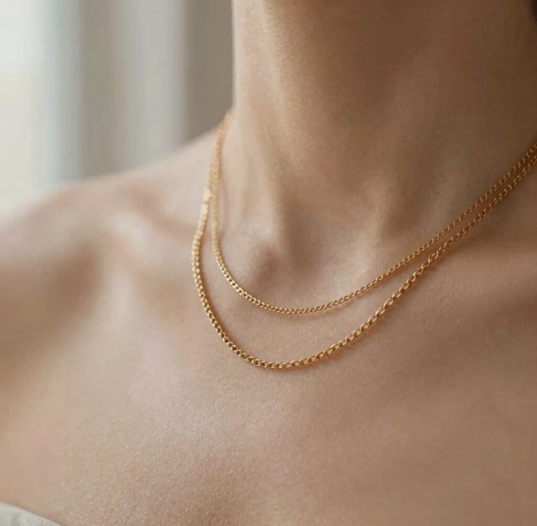 Macro close-up of layered 14k gold-filled necklaces on warm skin tone, soft natural window light, sandy neutral background, 35mm