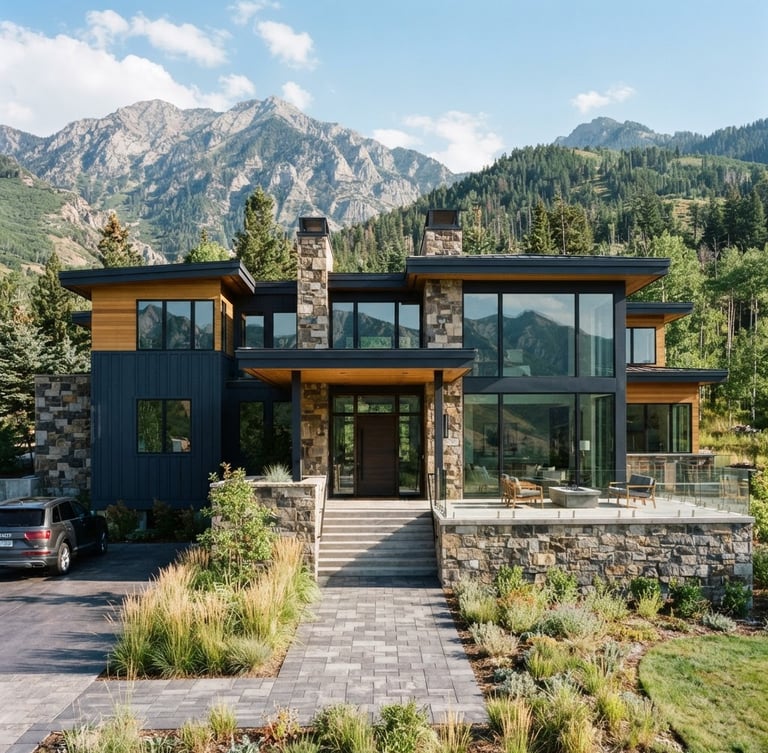 Crisp architectural photography of a modern high-end mountain estate exterior in Cottonwood Heights, bright natural daylight, sharp focus, clean lines, 35mm