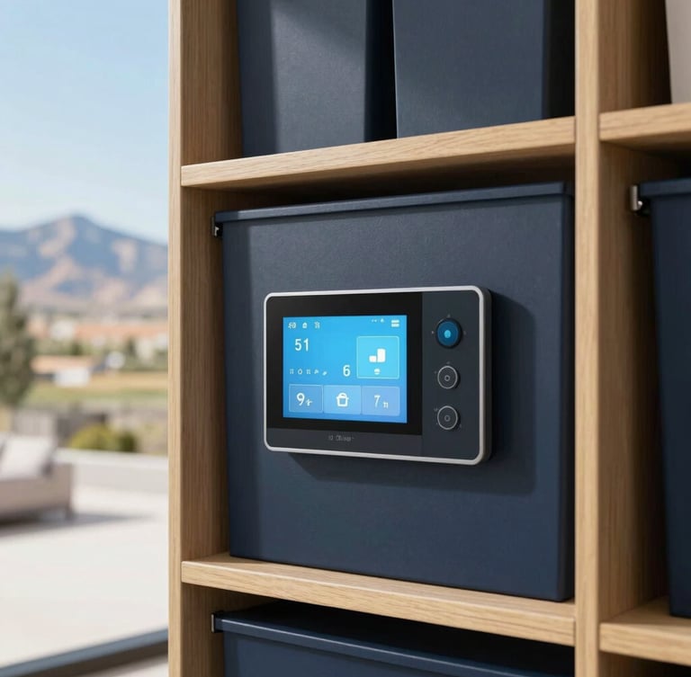 Structured detail shot of an impeccably organized utility room and home automation panel inside a luxury Utah residence, clean lines, bright daylight, 35mm