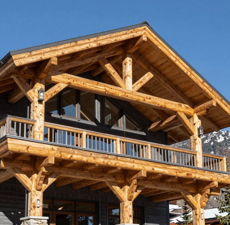 Wide panoramic view of a modern mountain home's timber and steel beams, architectural precision, sharp shadows, bright daylight.