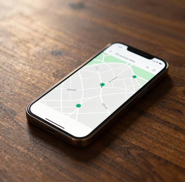A high-end smartphone displaying an elegant minimalist map interface with clean route lines, resting on a polished dark wood table, soft golden hour light, shallow depth of field, 35mm.