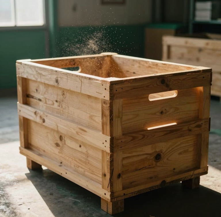 A wooden shipping crate being carefully sealed in a sunlit warehouse, dust motes in the air, warm editorial photography, 35mm.