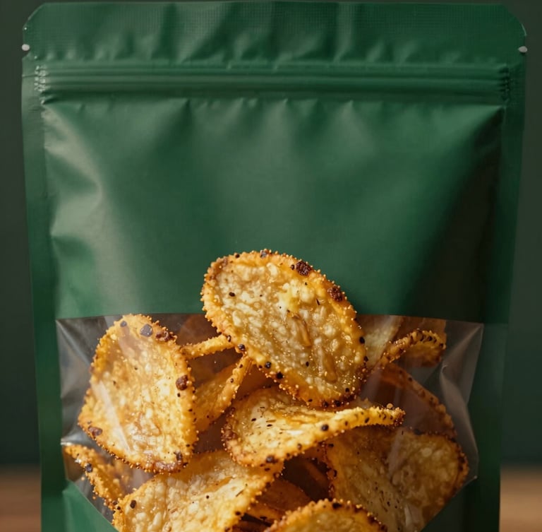 Close-up of minimalist elegant packaging of vacuum-fried jackfruit chips, soft golden-hour light, deep emerald background, 35mm lens