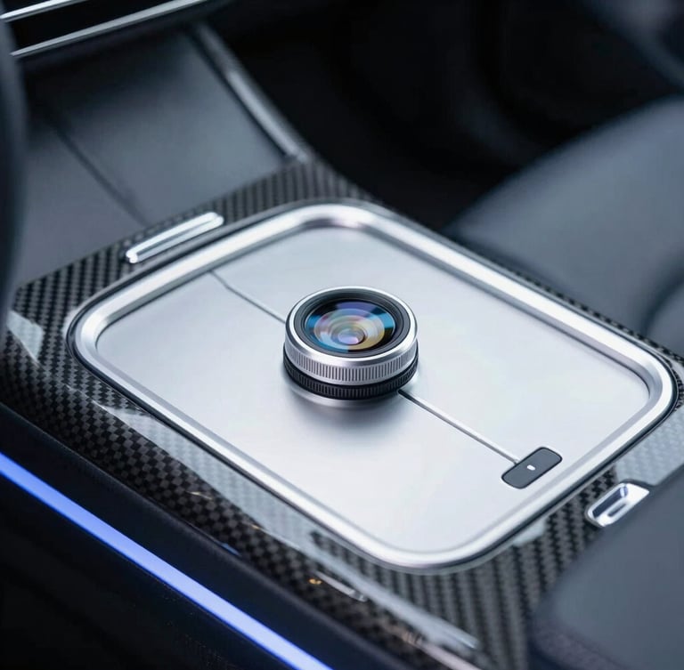 Close-up of a high-tech diagnostic scanner plugged into a modern luxury car dashboard, cool white LED lighting, sharp reflections on polished carbon fiber, macro lens, 35mm