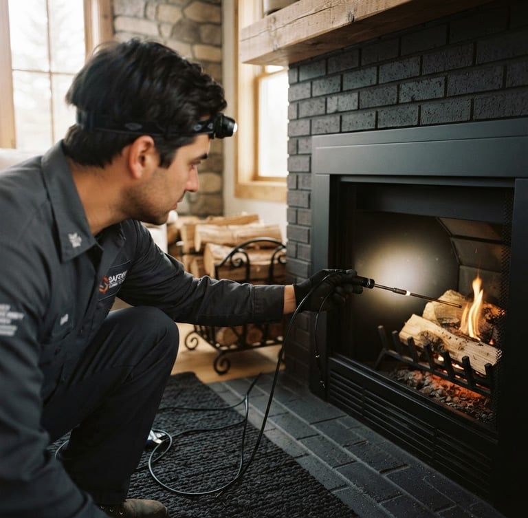 Professional chimney sweep inspecting a clean modern fireplace, over-the-shoulder diagnostic view, soft hearth firelight, shallow depth of field