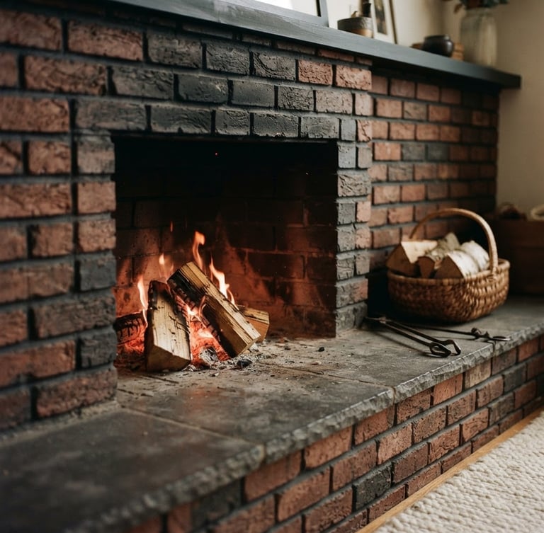 Close-up of a warm, clean masonry hearth with a subtle fire glowing, shallow depth of field, natural soft firelight, deep charcoal and brick red tones, no text.