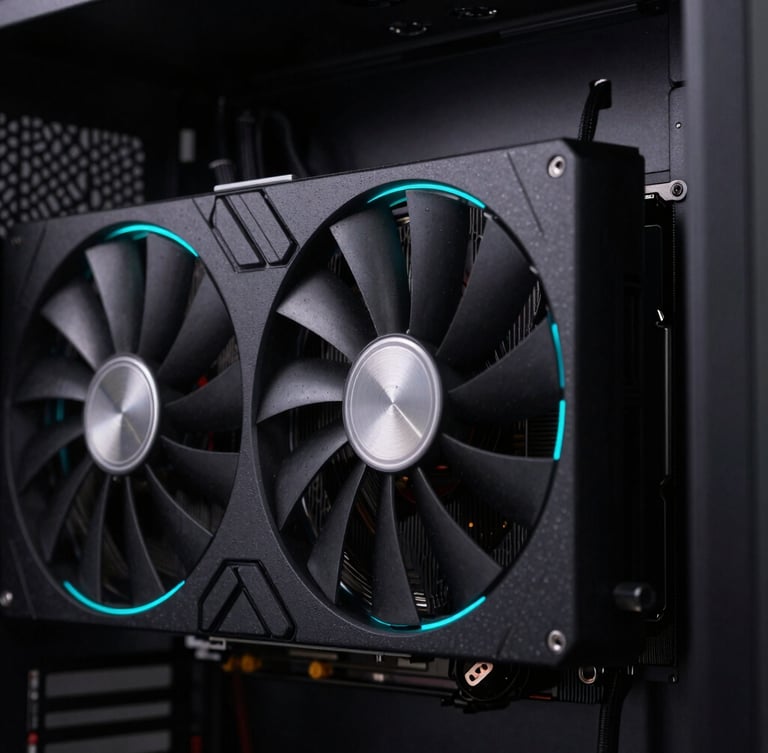 Macro shot of a high-end liquid-cooled graphics card inside a matte-black PC case, sharp cyan rim light, deep obsidian background, ultra-detailed textures