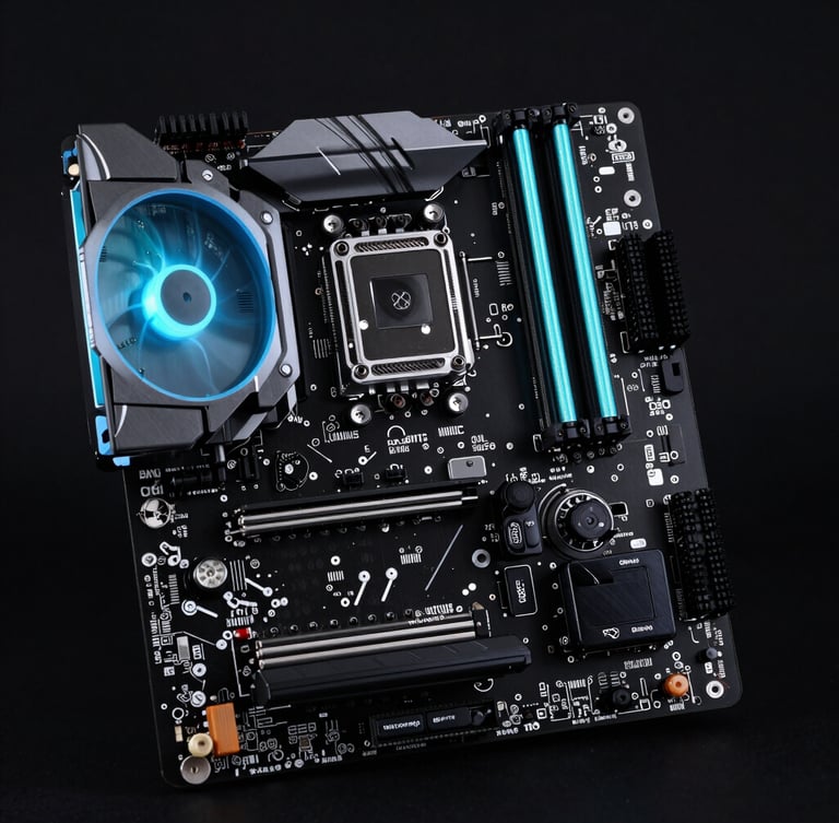 Macro shot of a sleek matte-black PC motherboard with glowing cyan liquid cooling tubes, dramatic low-key studio lighting, sharp cobalt rim light.