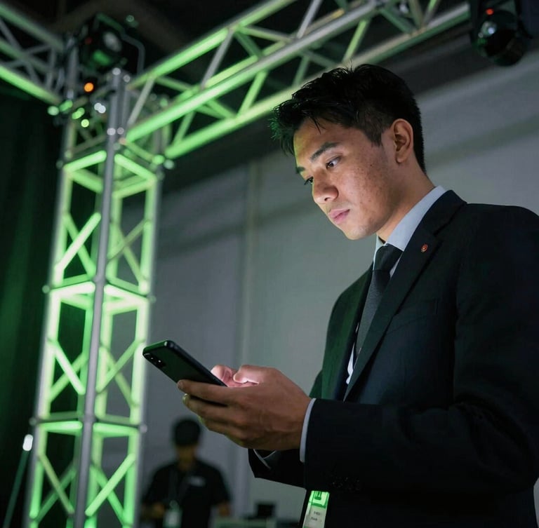 Dynamic low-angle editorial photo of an operations manager holding a mobile device backstage, sharp neon green stage lighting reflecting off steel trusses, shallow depth of field, 35mm