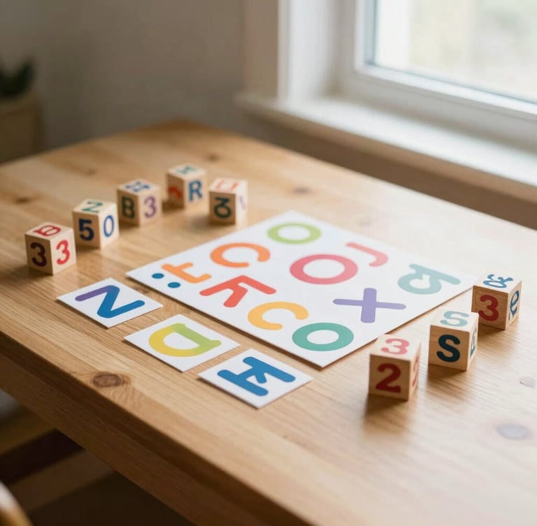 Clean composition of physical literacy materials, colorful wooden letter blocks arranged on a warm wooden desk, soft natural morning light from a side window, 35mm