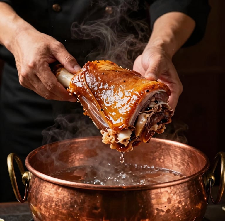 Dramatic food photography, chef hands lifting a golden pork shoulder from a steaming copper pot, warm lighting, rich dark background