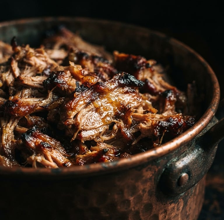 Dramatic food photography, close-up of glistening slow-cooked carnitas in a traditional copper pot, warm directional side-light, dark rich background