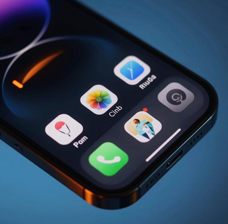Close-up of a sleek modern smartphone displaying high-contrast network interfaces, cool blue ambient background with sharp orange key light accents.