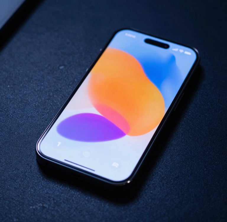 Sleek modern smartphone displaying a high-contrast interface with orange accents, resting on a dark matte surface under cool blue ambient light.