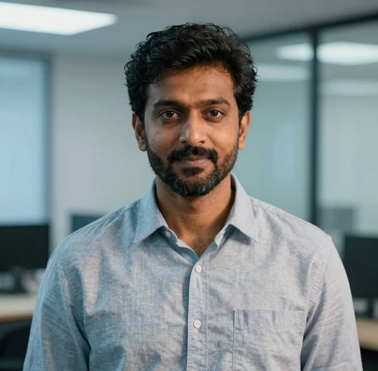 Approachable portrait of Dileep Dileep in a clean, modern Brampton office setting, high-contrast style with cool blue ambient light and warm orange key light, looking directly at the camera