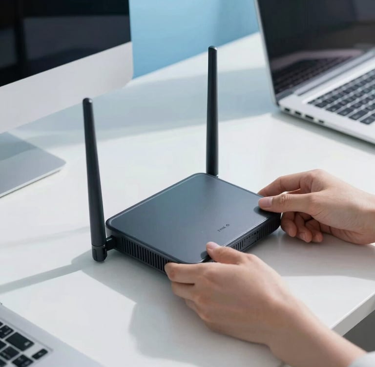 Close-up of hands installing a high-performance router in a modern home office, clean blue and grey tones, bright natural daylight, crisp focus.