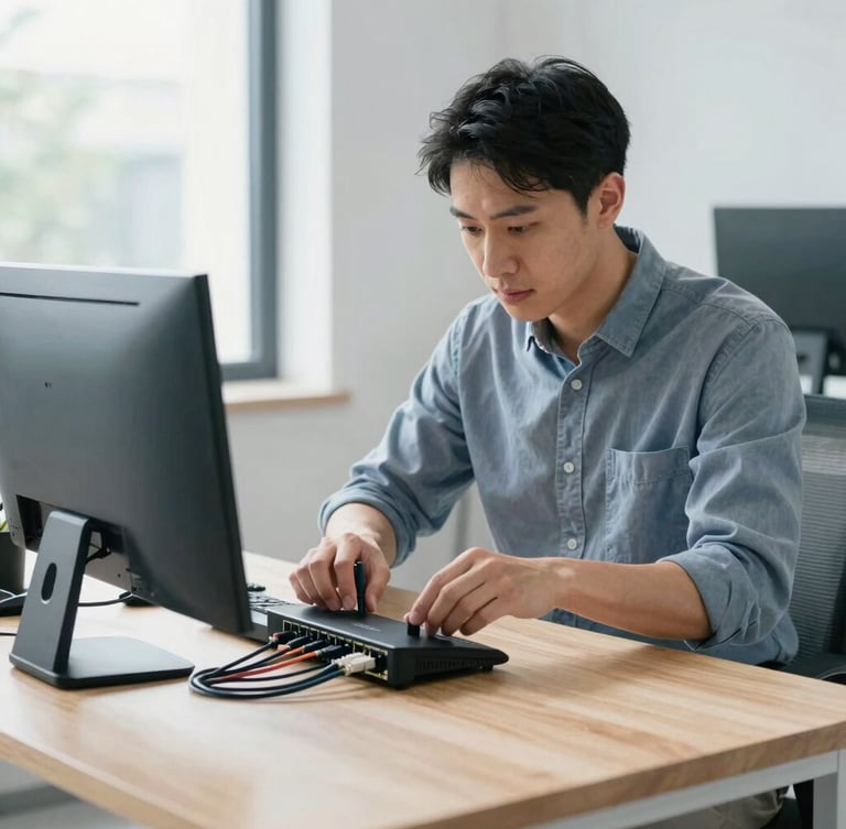 A professional IT technician in a bright Whitby home office, organizing network cables and configuring a router on a clean wooden desk, natural daylight, cool blue tones