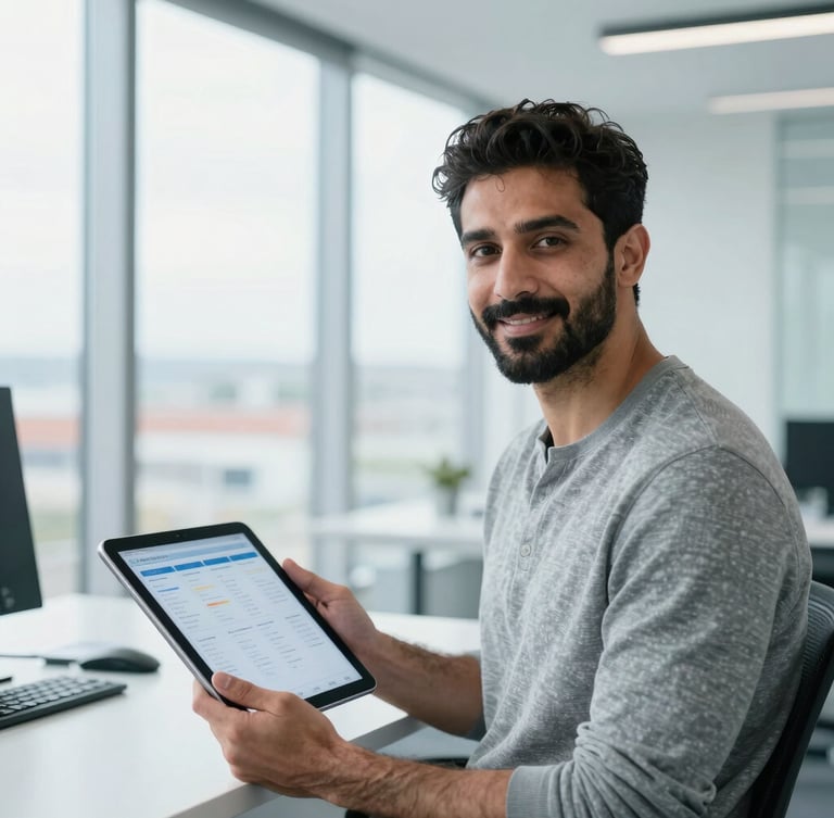A professional portrait of Umer Ali in a bright, modern office in Whitby, natural daylight, cool blue tones, holding a tablet with clean diagnostic interface, crisp focus