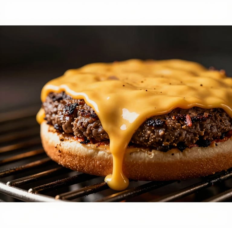 Extreme close-up of a sizzling smash burger on a hot metal grill, melting cheddar cheese dripping down the sides, dramatic warm side-lighting, dark charcoal background, macro shot