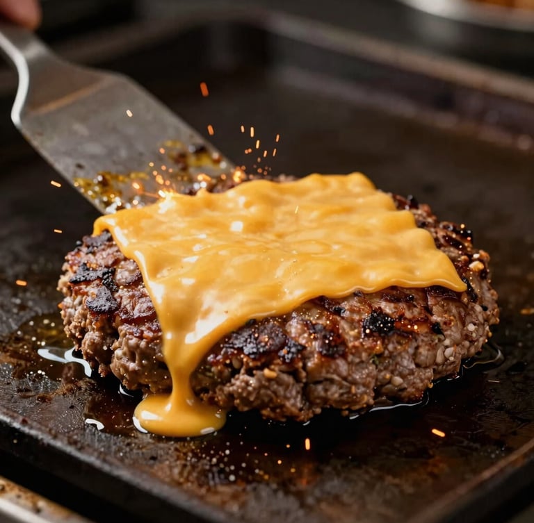 A smashed beef burger patty with melted cheddar cheese sizzling on a flat top griddle.