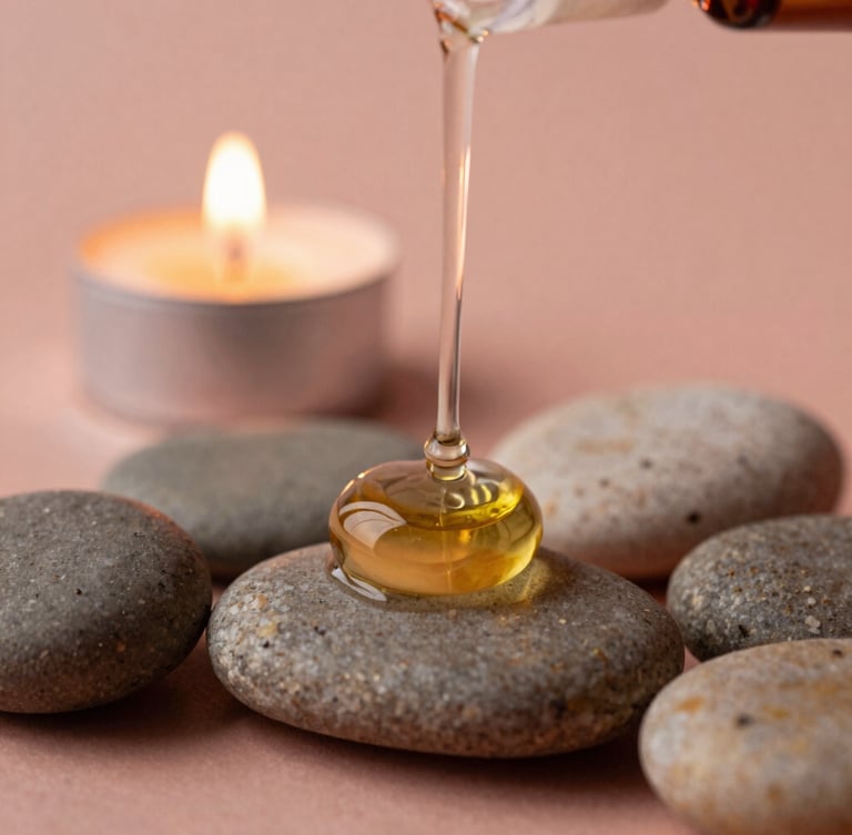 Close-up macro shot of warm botanical oils being poured over smooth river stones, soft candlelit glow, shallow depth of field, warm rose-clay tones.