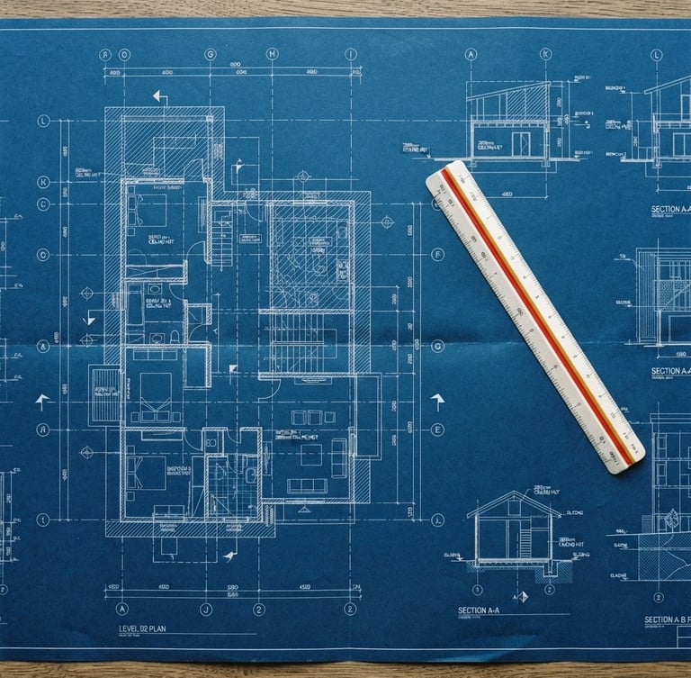Overhead flat lay of technical blueprints, crisp white lines on deep blue paper, engineering scale ruler, clean studio lighting, sharp focus, 35mm