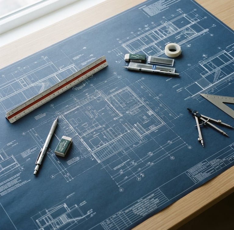Overhead view of sharp blueprint layouts on a clean desk, architectural scale ruler, technical drawing instruments, bright cool daylight, 35mm