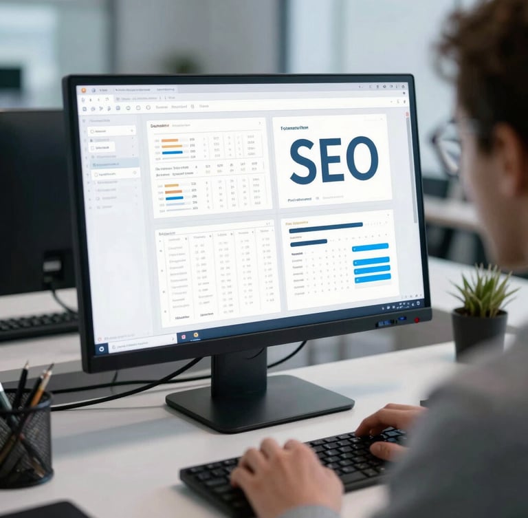 Over-the-shoulder shot of a digital designer in a clean Frankfurt office, high-resolution screen showing UI wireframes and SEO analytics charts, cool blue and white ambient lighting, sharp focus.