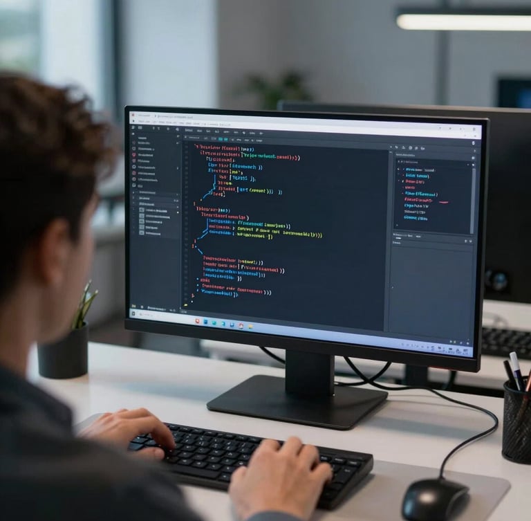 Over-the-shoulder perspective of a developer working on TypeScript architecture in a dark-themed code editor, sharp focus on the screen, cool blue and white ambient lighting, clean modern office environment in Frankfurt, portrait orientation