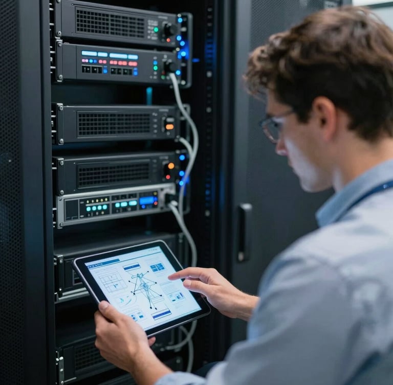 Over-the-shoulder shot of a system administrator in a clean Frankfurt server room, cool blue and white ambient light, focusing on a tablet displaying network architecture diagrams.