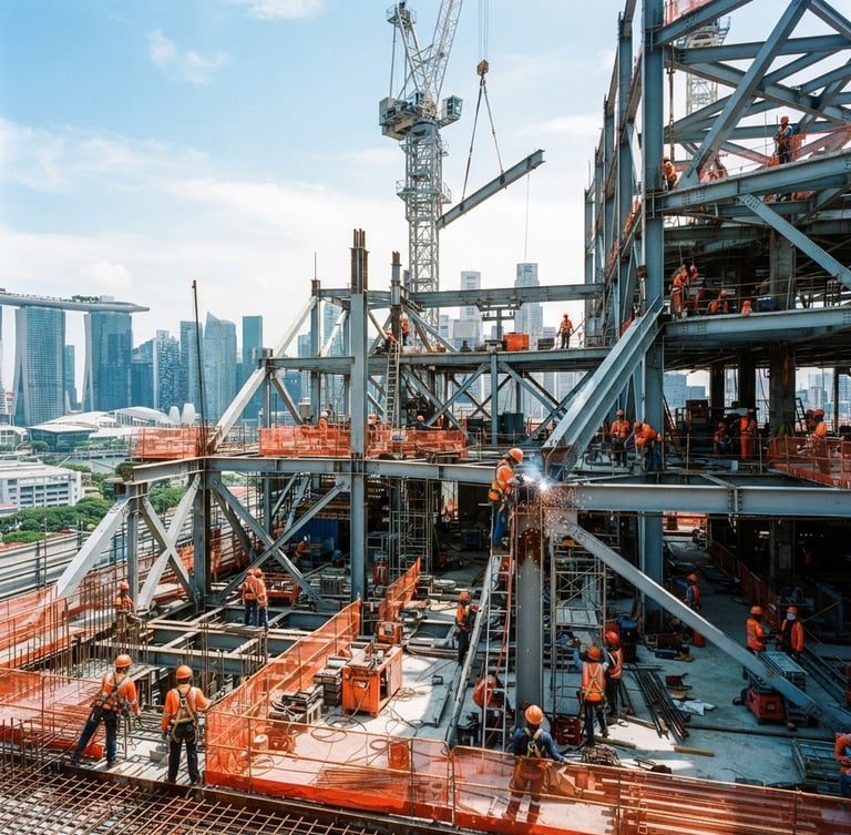 Wide-angle industrial documentary photography of an active Singapore construction site at midday, structural steel framing under high-contrast daylight, cool steel tones with high-visibility orange accents.