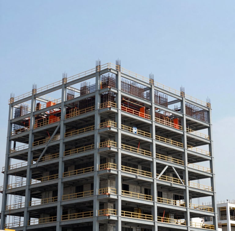 High-contrast industrial documentary photography of a completed upgrading project in Singapore, showing structural steel and concrete retrofitting under bright daylight.