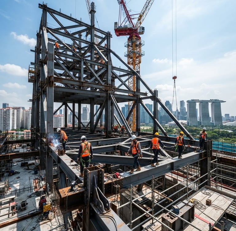 Wide-angle industrial documentary photography of a Singapore construction site with heavy structural steel framing under crisp, high-contrast daylight, steel gray tones and safety orange accents.