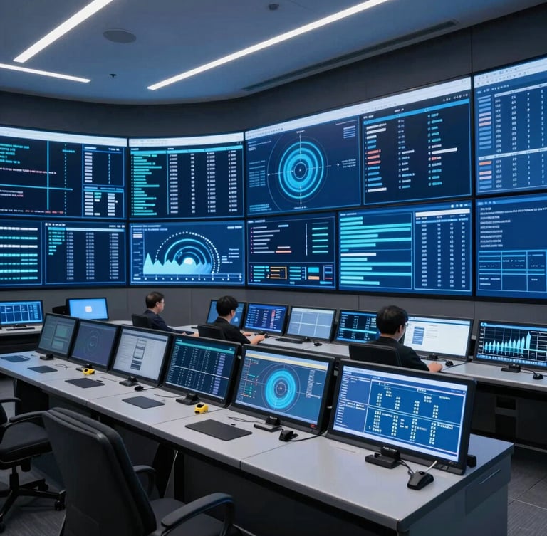 Wide-angle view of a modern, high-tech control room with multiple screens displaying abstract data visualizations, cool blue and white lighting, sharp focus, 35mm lens, editorial corporate photography