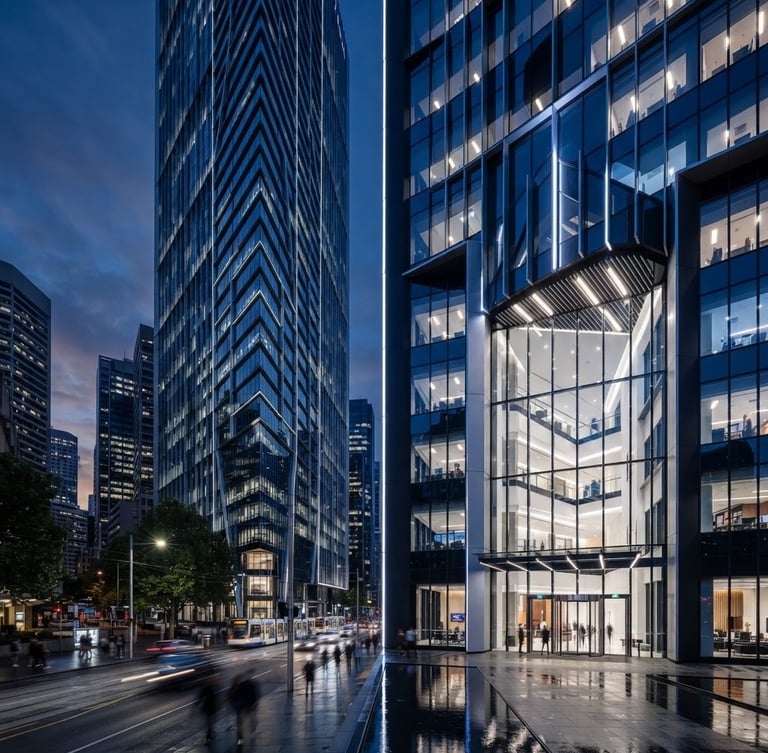 Wide panoramic shot of a modern, high-contrast corporate building facade at dusk, sharp lines, deep charcoal and royal blue reflections, cool architectural lighting, right third focus.