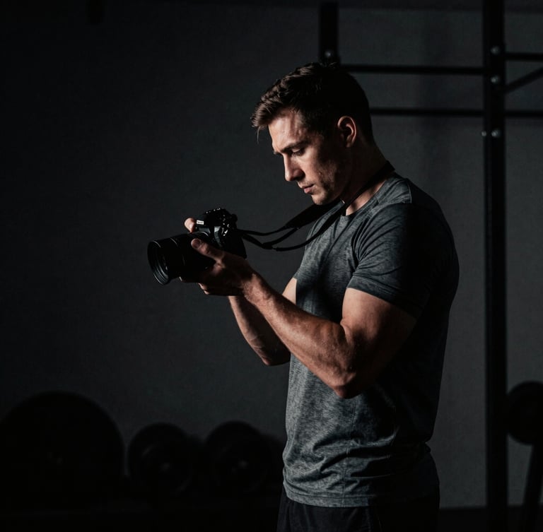 Dramatic side-lit portrait of a professional male athlete reviewing content on a camera in a dark, brutalist gym, high contrast, desaturated tones, 35mm film grain.