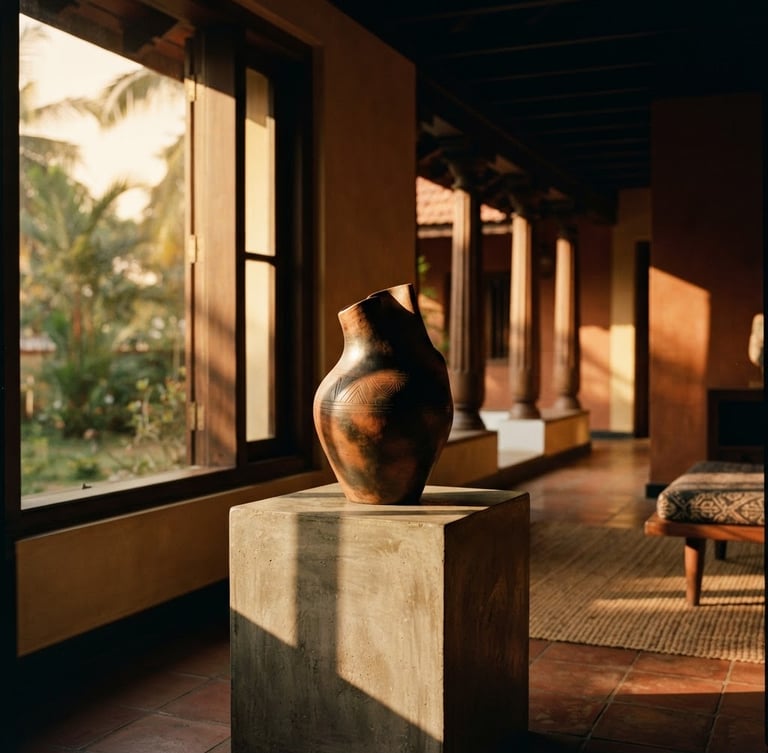 Dramatic golden-hour interior of a luxury Kerala villa, warm sunbeams casting deep shadows across a single terracotta sculptural vase on a raw concrete pedestal, architectural framing, medium format film
