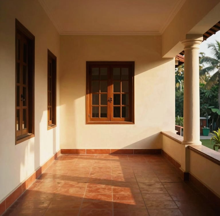 Architectural composition of a high-end Kerala villa veranda, dramatic golden-hour sunbeams cutting across terracotta floors, warm editorial interior photography