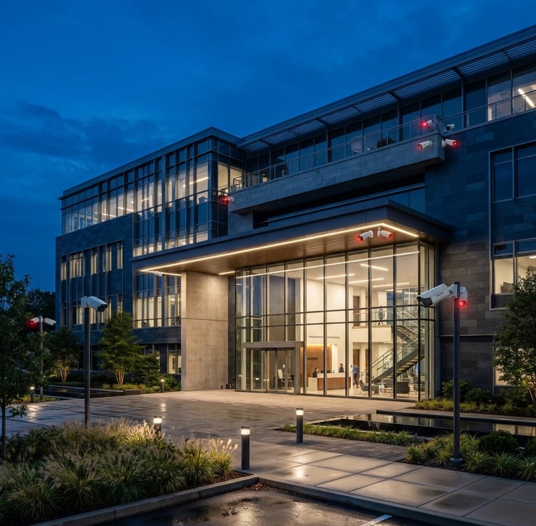 Wide shot of a modern commercial building exterior at dusk, secured with visible Hikvision surveillance cameras and perimeter lighting, crisp architectural daylight, cool blue and slate tones, high-contrast.