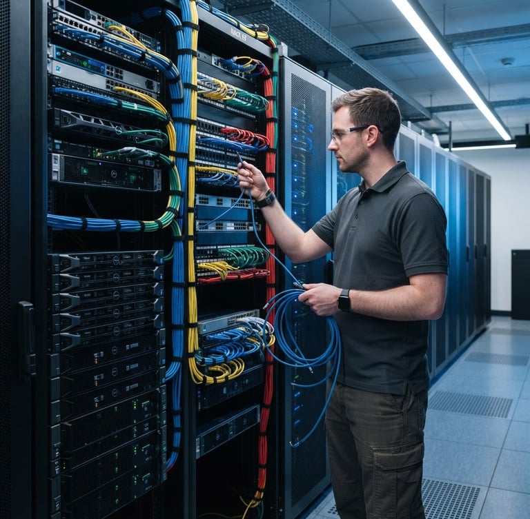 Professional technician working on a neatly organized server rack with color-coded structured cabling, illuminated by crisp architectural lighting, cool blue and slate tones, high-contrast, professional 35mm lens.