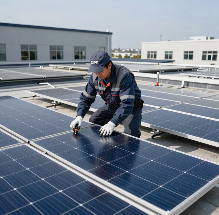 Professional SIPS technician in clean uniform performing precise installation of solar panels on a commercial rooftop, crisp architectural daylight, cool blue and slate tones, high-contrast, professional 35mm lens.