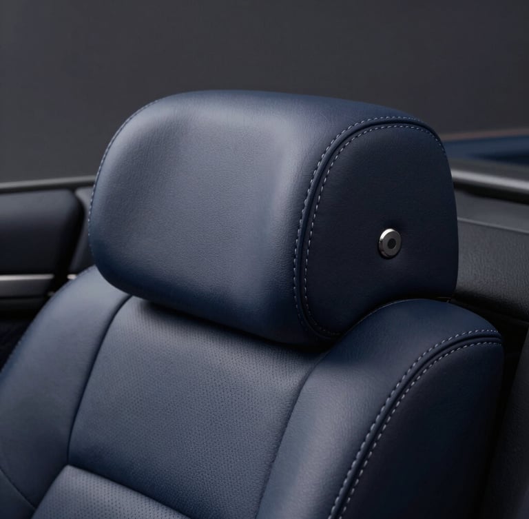 Close-up of elegant leather stitching on a luxury car dashboard, soft studio lighting, deep navy tones, sharp focus, 50mm