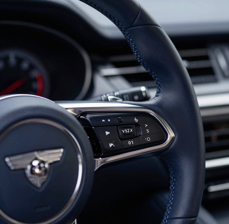 Close-up of a luxury car steering wheel, leather stitching and polished metallic details, soft studio lighting, deep navy tones, sharp focus, 50mm