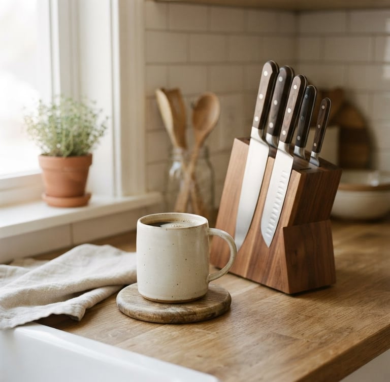 Warm editorial photography of an organized kitchen countertop in soft natural daylight, a single ceramic mug and a wooden knife block, muted neutral tones, shallow depth of field