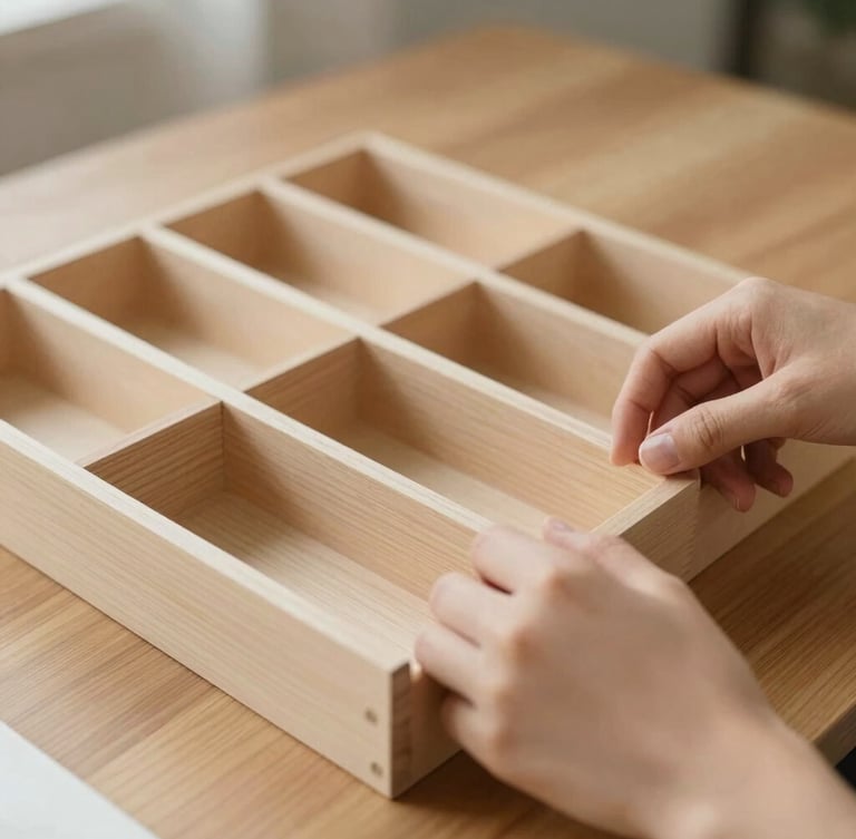 Warm editorial close-up of hands arranging minimalist wooden desk organizers on an oak table, soft natural side light, shallow depth of field.