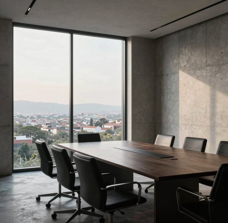 Minimalist interior of a premium corporate boardroom, concrete walls, large window showing Querétaro landscape, soft morning light.