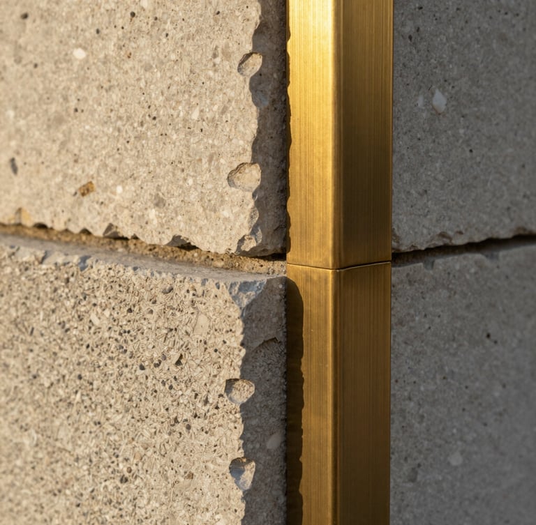 Macro detail of raw travertine stone and textured concrete meeting a brushed brass joint, soft golden hour lighting, architectural material study.