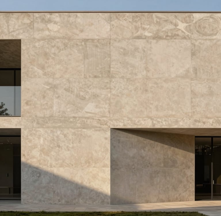Wide architectural elevation of a modern concrete and travertine building facade in Querétaro, soft golden hour sunlight casting long shadows, minimalist geometry.