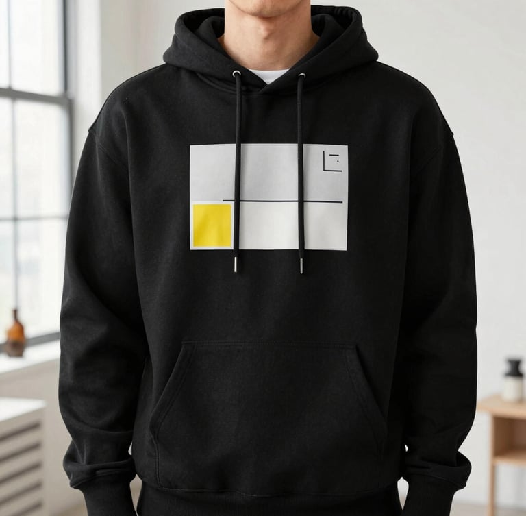 Medium close-up of a person wearing a premium black hoodie with a minimalist graphic print, standing in a bright Toronto loft with soft daylight, 50mm lens